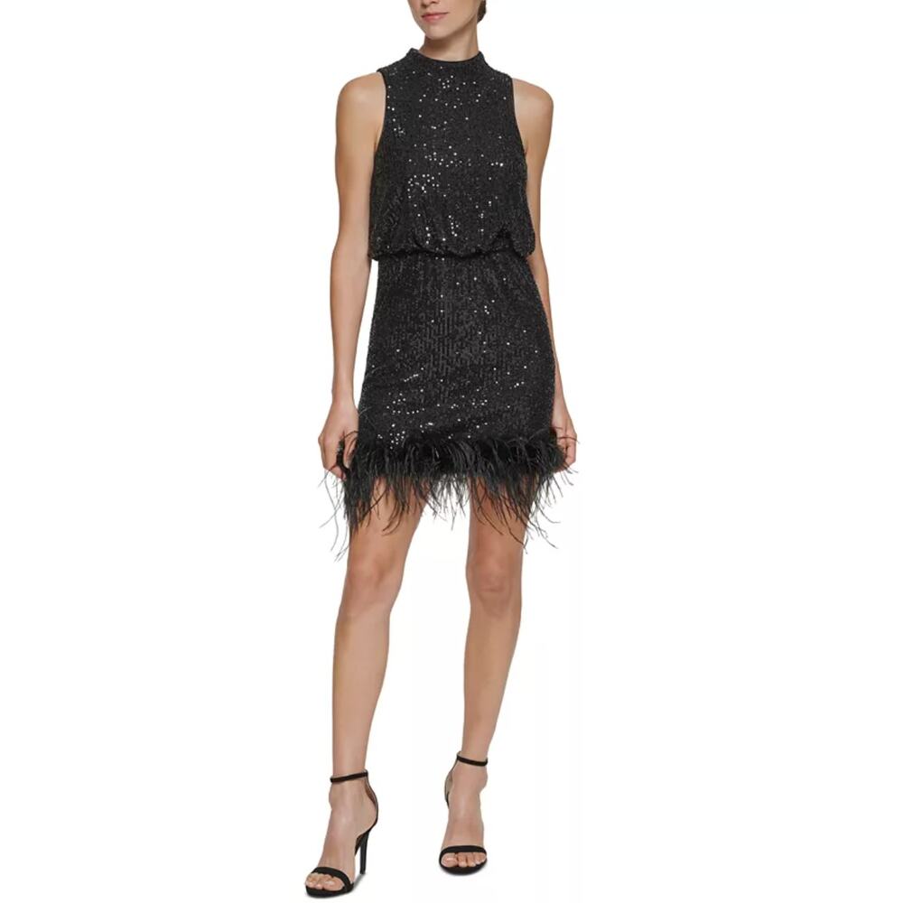 Eliza J Sequined Feather Hem Mini Dress Party Glam Mockneck Cocktail US 8 NWT